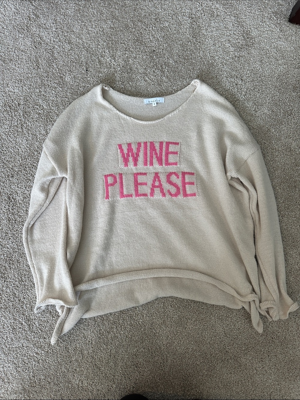 "WINE PLEASE" Cream Knit Sweatshirt with Pink Lettering